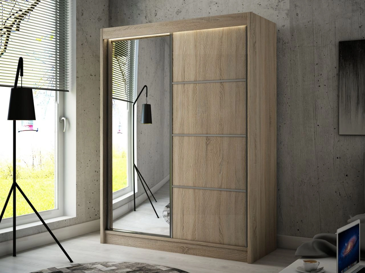 Schiebetürenschrank mit Spiegel 150 cm mit LED-Beleuchtung Portel Eiche Sonoma