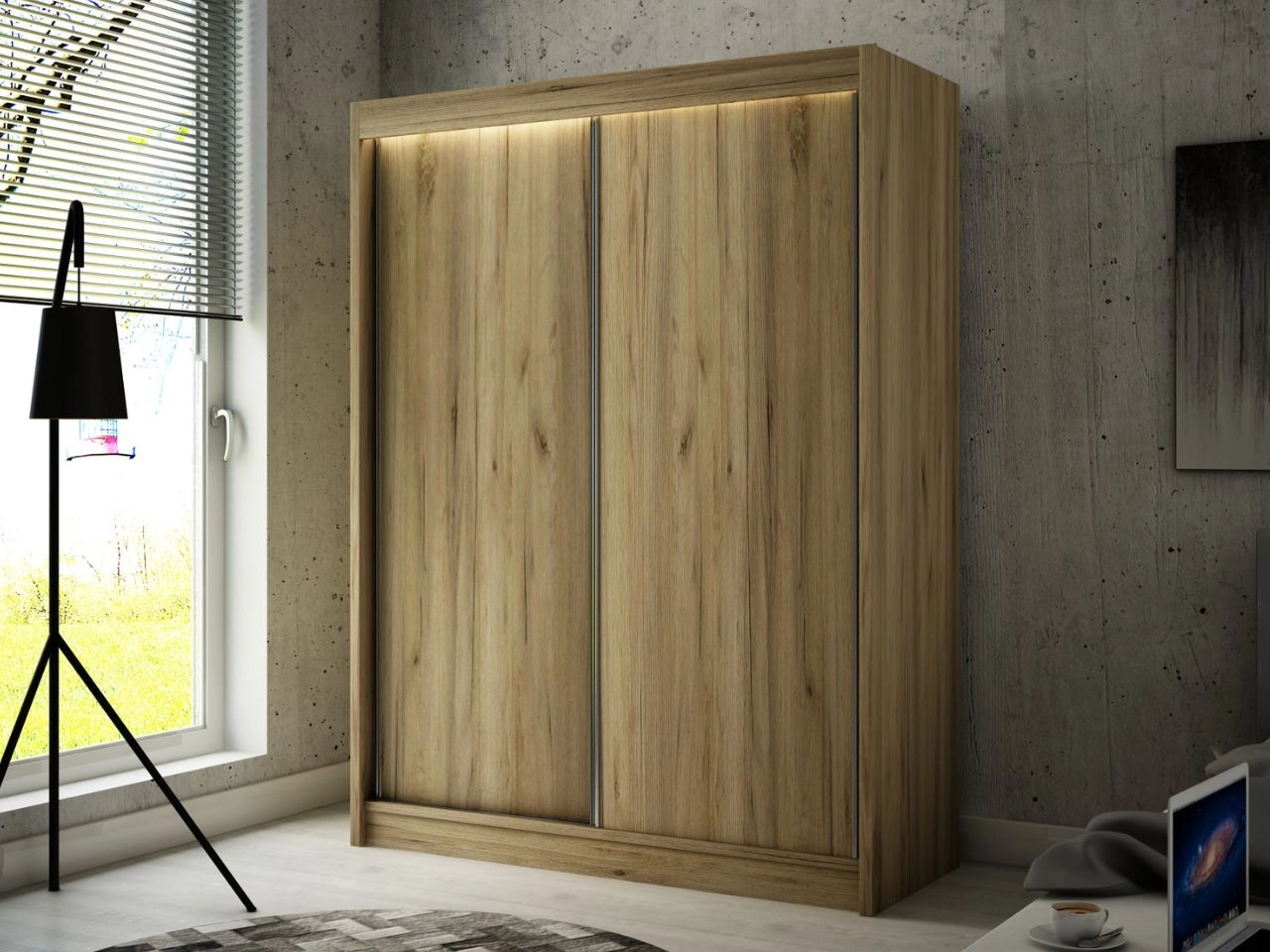 Schiebetürenschrank 150 cm mit LED-Beleuchtung Diano Handwerk Goldene Eiche