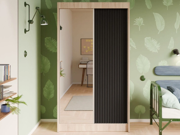 Schiebetürenschrank mit geriffelter Front und Spiegel 120 cm Fano Eiche Sonoma, Schwarz