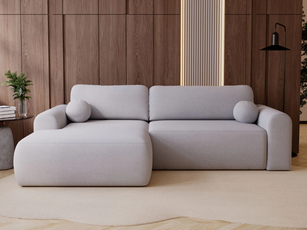 Ecksofa L-Form mit Schlaffunktion und Bettkasten Savana Links Bouclé-Stoff Grau