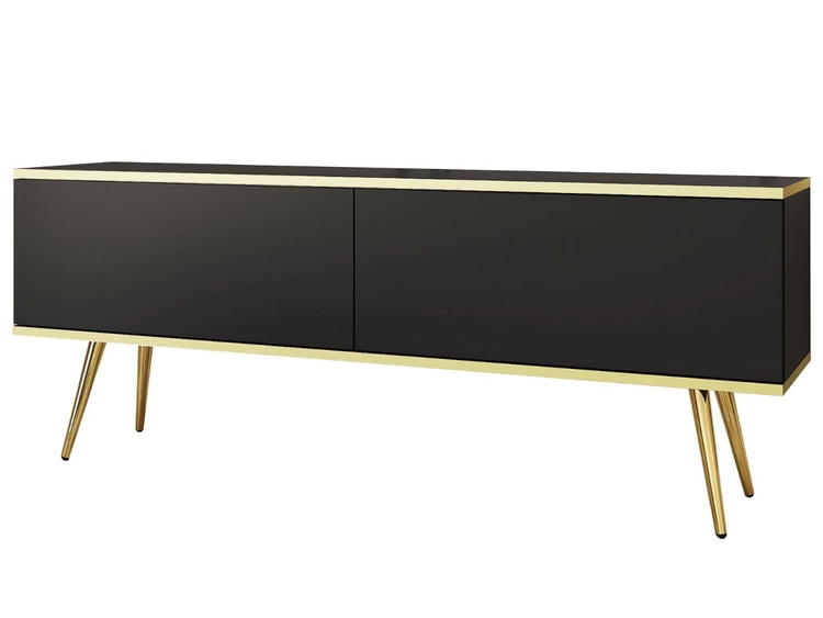 TV-Lowboard mit Türen 135 cm Diolo Schwarz mit glatter Front auf goldenen Beinen