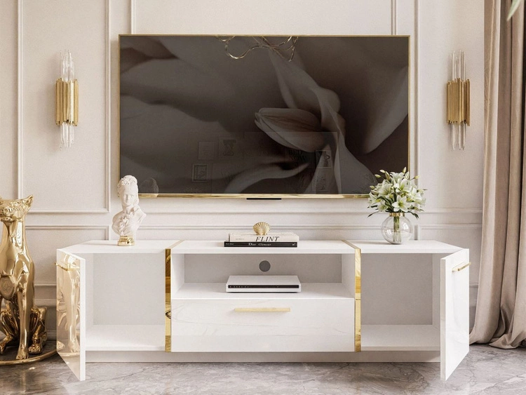 Wohnzimmer-Set mit goldenen Griffen im Glamour-Stil Lunelie Weiß Hochglanz