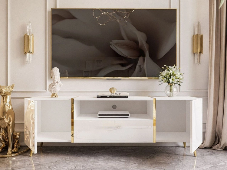 Wohnzimmer-Set mit goldenen Metallbeinen im Glamour-Stil Lunelie Weiß Hochglanz