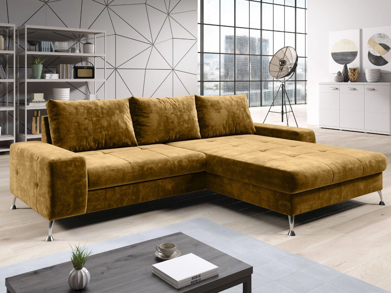 Ecksofa L-Form Rechts mit Schlaffunktion und Bettkasten Tonny Gelb