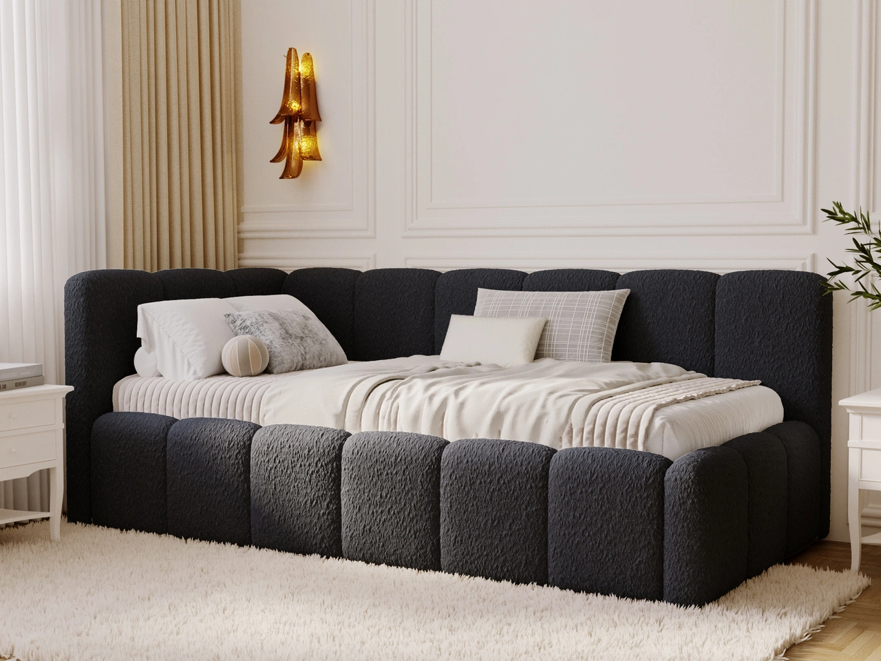 Jugendbett Einzelbett mit Bettkasten und Lattenrost 90x200 Cloud One Schwarz Bouclé-Stoff