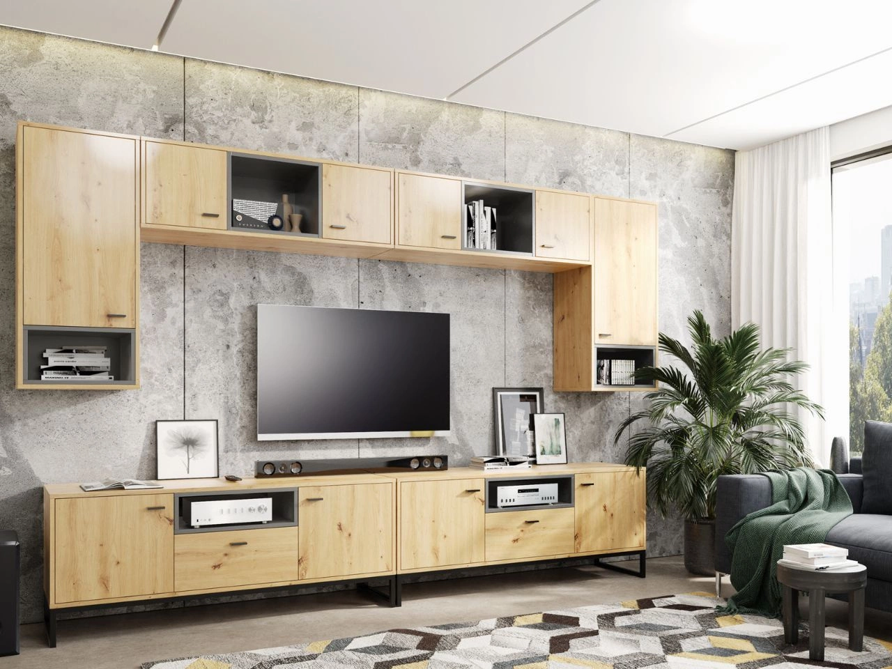 Wohnzimmerset Geneva Artisan Eiche, Schwarz