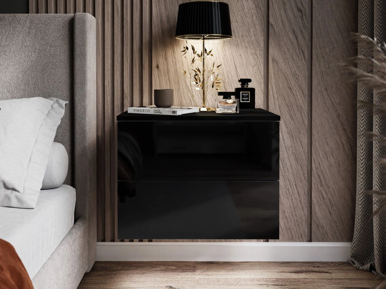 Hängender Nachttisch mit zwei Schubladen Nuveo Schwarz Hochglanz