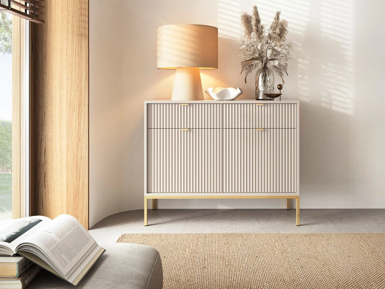 Kommode mit Türen und Schubladen Amber Kaschmir auf goldenen Beinen