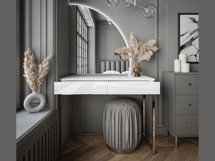 Kosmetiktisch rechtsseitig mit Schubladen und LED-Beleuchtung auf silbernen Beinen Clarette Weiß Hochglanz