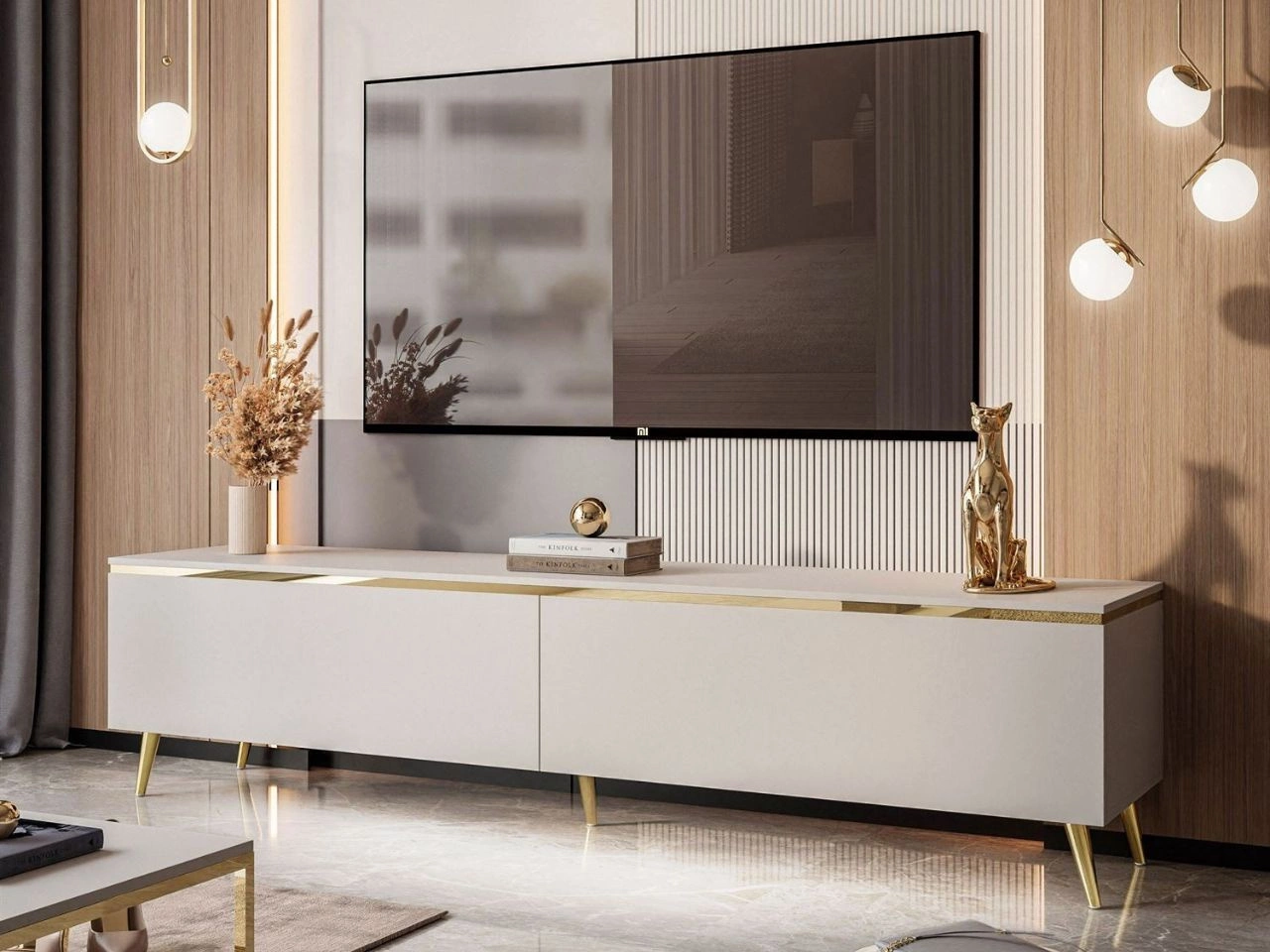 TV-Schrank 180 cm mit goldenen Metallbeinen und LED-Beleuchtung Evare Kaschmir