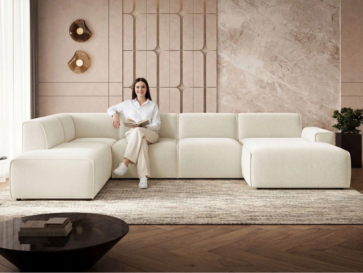 Wohnlandschaft Links Belluno Bouclé-Stoff Hellbeige