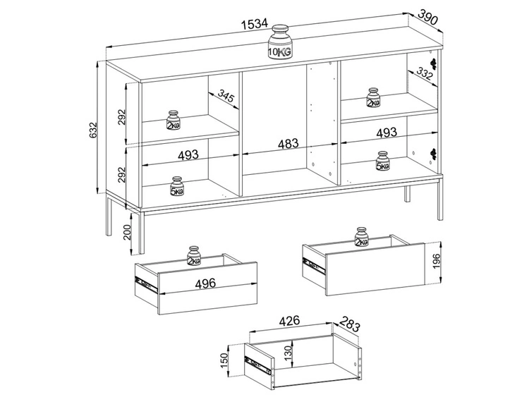 Kommode mit Türen und Schubladen Deo Schwarz, Eiche Wotan