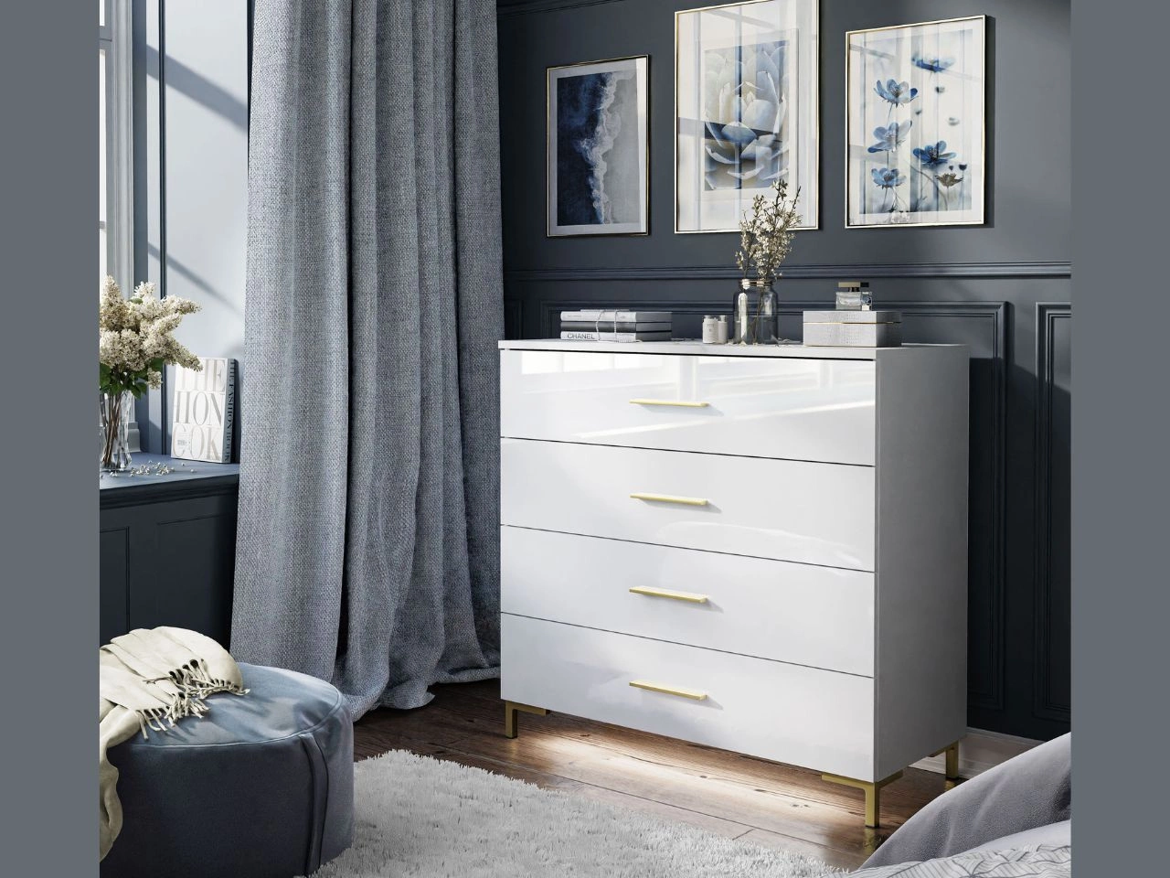 Kommode mit vier Schubladen und LED-Beleuchtung auf Goldenen Beinen Nuveo Weiß Hochglanz