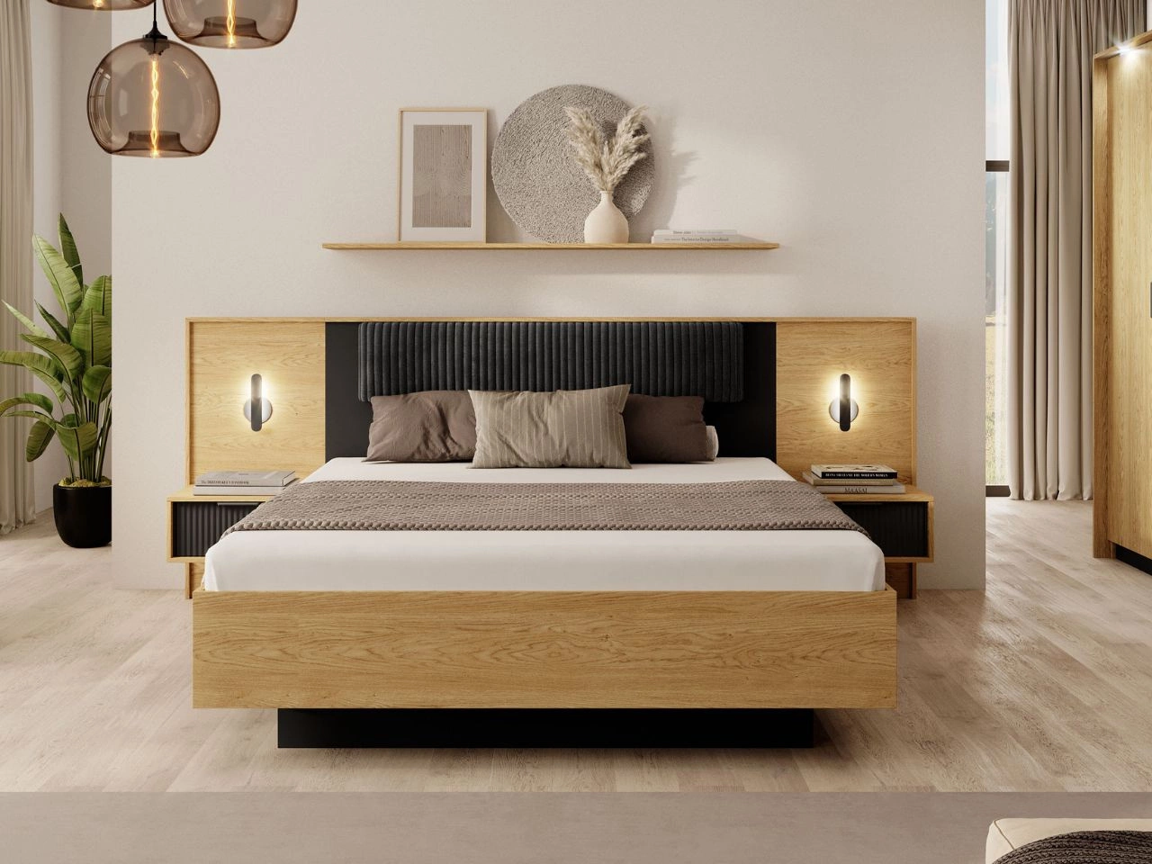 Holzbett mit Bettkasten 160x200 Bolzano Baltische Eiche Schwarz