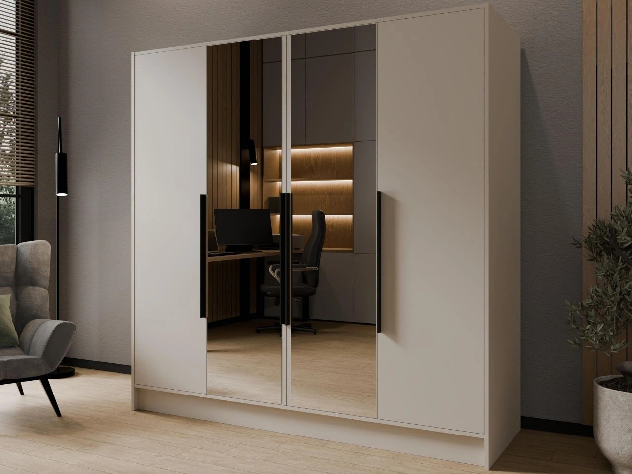 Kleiderschrank mit Spiegel 200 cm Lucca Kaschmir mit schwarzen Griffen