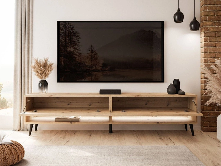 TV-Schrank 180 cm mit LED-Beleuchtung und schwarzen Beinen Aurelie Artisan Eiche
