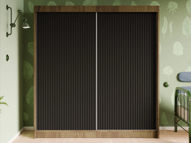 Schiebetürenschrank mit geriffelter Front 200 cm Fano Handwerk Goldene Eiche, Schwarz