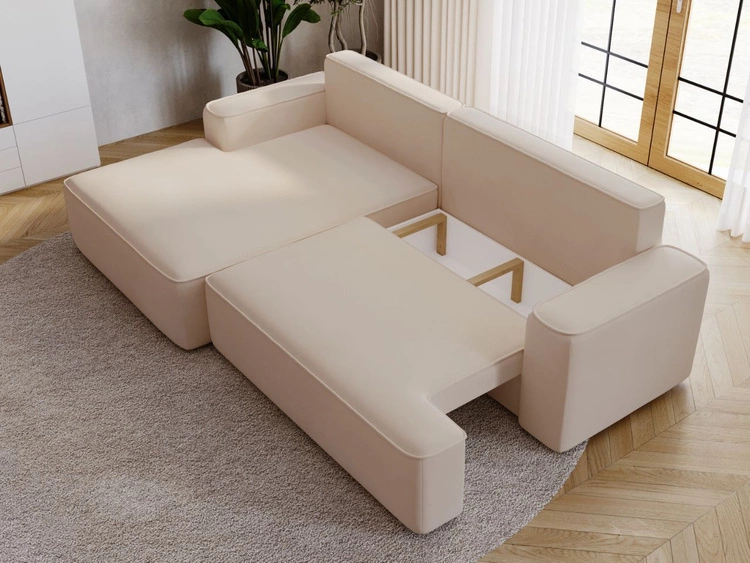 Ecksofa L-Form Links mit Schlaffunktion und Bettkasten California Beige