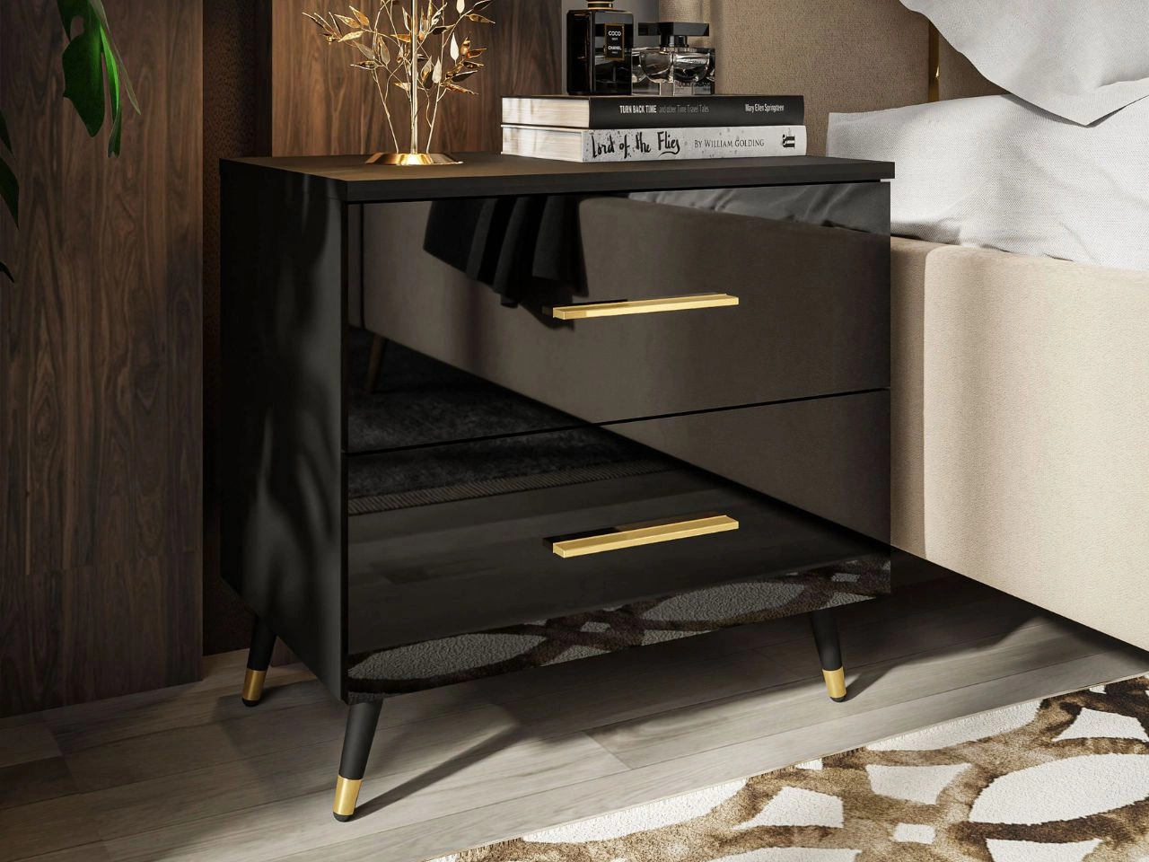 Nachttisch mit Schubladen auf Schwarz-Goldenen Metallbeinen Nuveo Schwarz Hochglanz