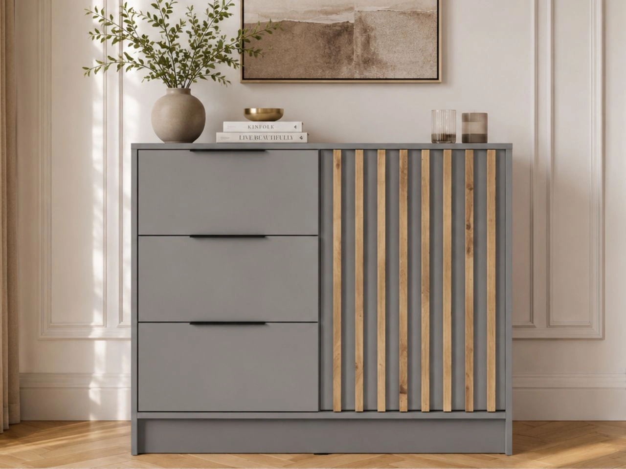 Kommode mit Türe und Schubladen 105 cm Macron Grau Artisan Eiche (16283)