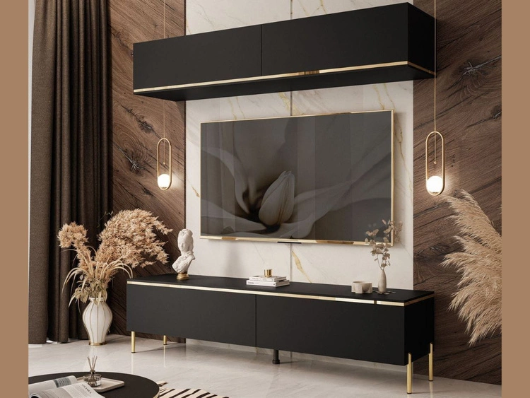 Wohnwand aud goldenen Beinen für das Wohnzimmer Evare Schwarz matt