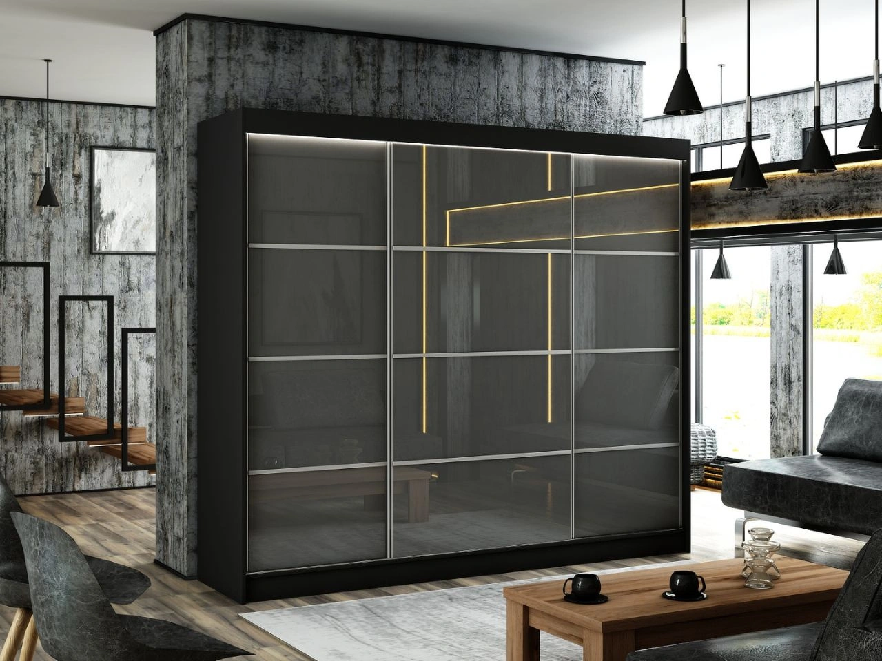 Schiebetürenschrank mit Sprossen 250 cm mit LED-Beleuchtung Ponti Schwarz, Grau