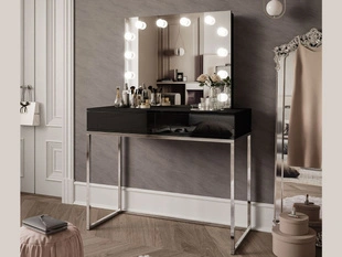 Schminktisch  Glamour mit Schubladen, Spiegel und LED-Beleuchtung Brisa Schwarz Hochglanz