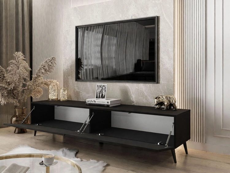 TV-Lowboard mit Türen auf Schwarzen Metallbeinen 175 cm Sorelle Schwarz Matt