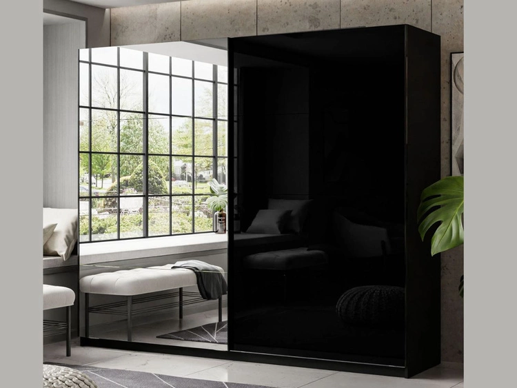 Schwebetürenschrank Zweitüriger mit Spiegel 244 cm Nuveo Schwarz-Weiß Hochglanz