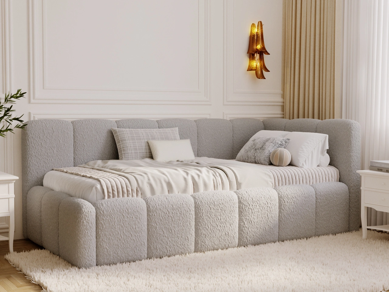 Jugendbett Einzelbett mit Bettkasten und Lattenrost 90x200 Cloud One Grau Bouclé-Stoff