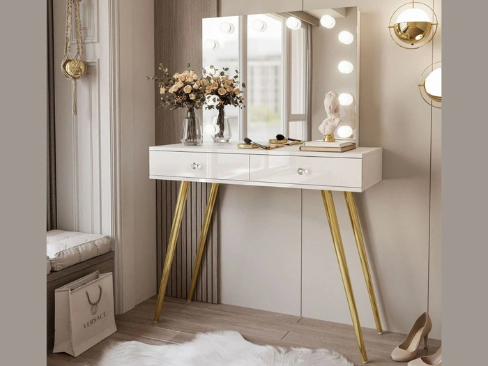 Schminktisch im Glamour-Stil mit Schubladen, Kristallgriffen und LED-Beleuchtung Olivine Elite Weiß Hochglanz