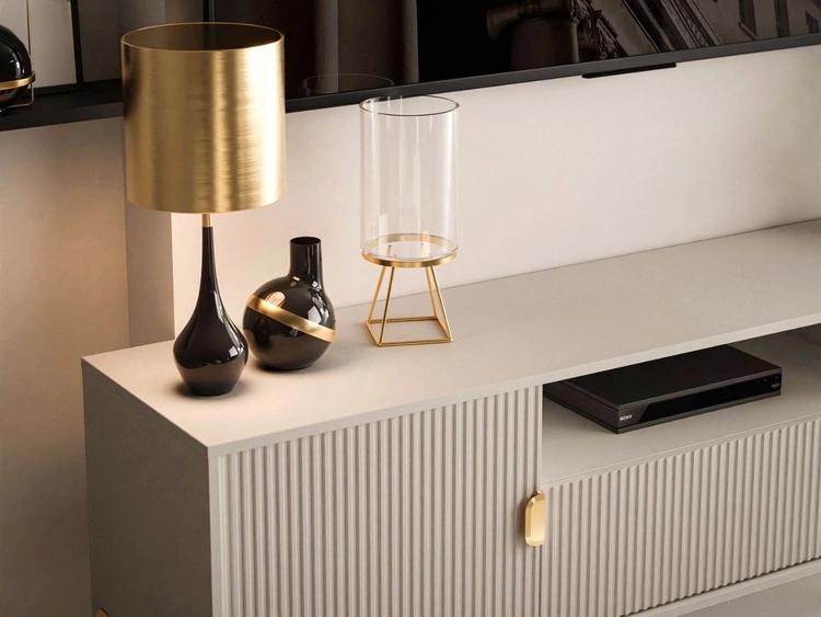 TV-Lowboard breit zweitürig mit Schublade und goldenen Metallfüßen Orlean Kaschmir Matt