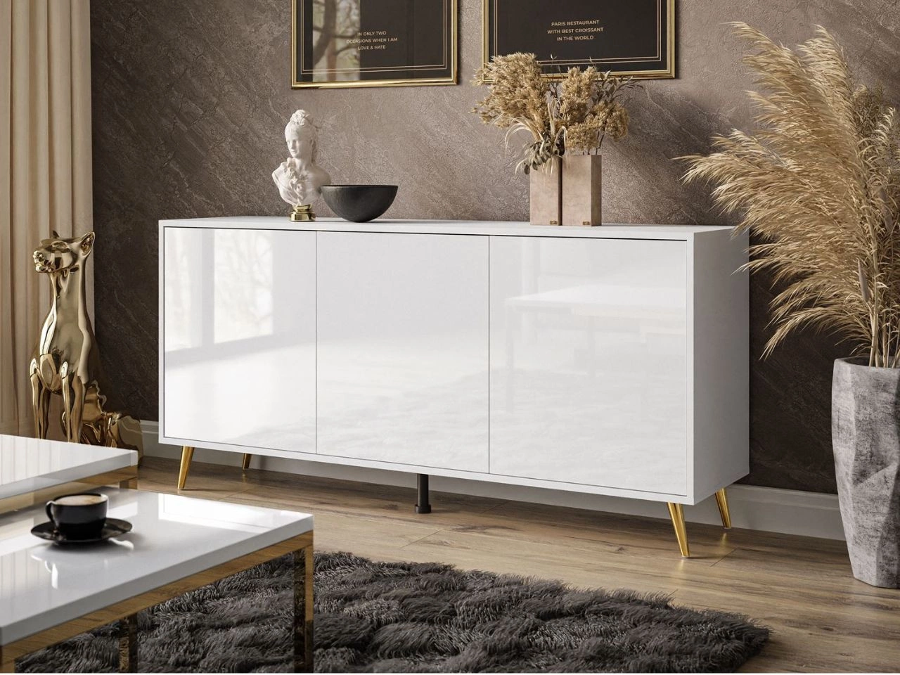 Dreitürige Kommode 154 cm Glamour-Stil auf goldfarbenen Metallbeinen Vivance Weißglanz