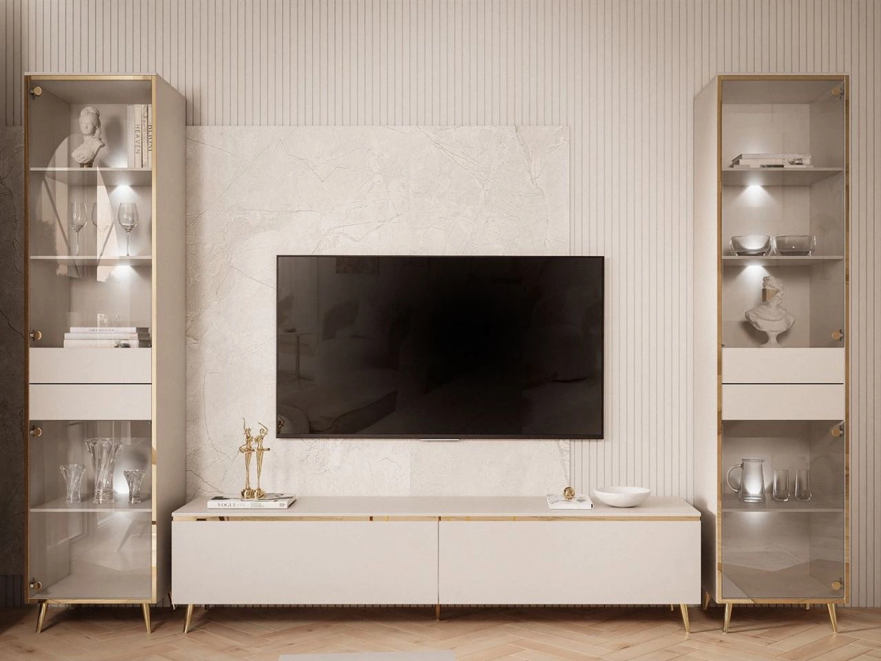 Wohnzimmer-Set mit zwei Vitrinen und LED-Beleuchtung im Glamour-Stil Evare Kaschmir