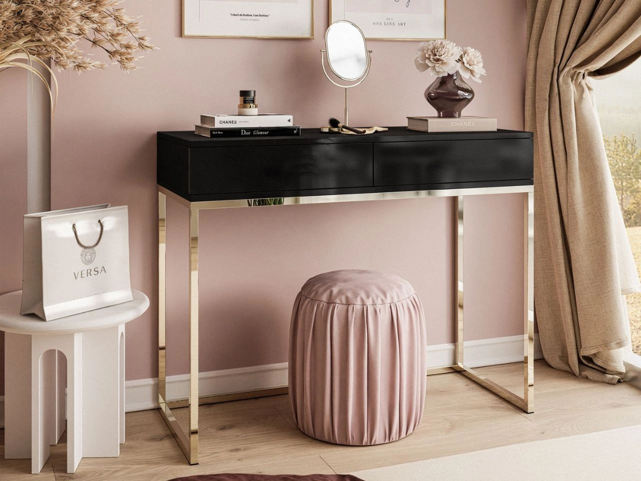 Konsolentisch mit Schubladen und goldenem Gestell im Glamour-Stil Brisa Schwarz Hochglanz