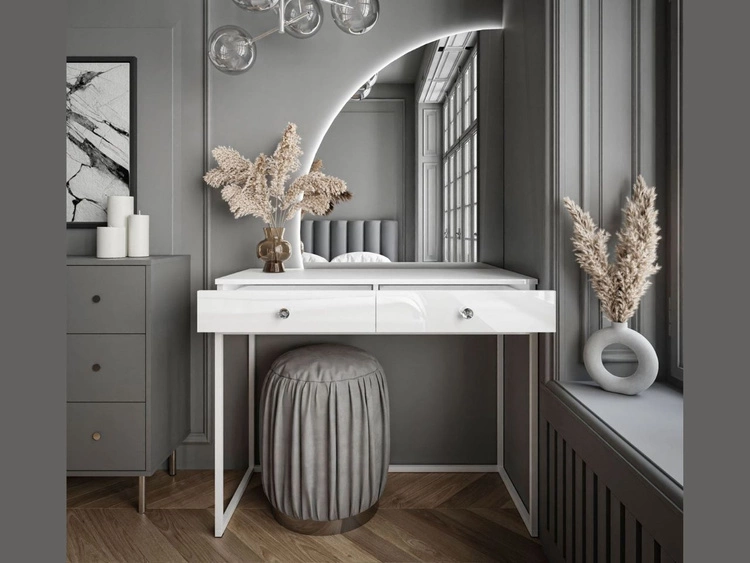 Kosmetiktisch linksseitig mit Schubladen und LED-Beleuchtung auf weißen Beinen Clarette Weiß Hochglanz