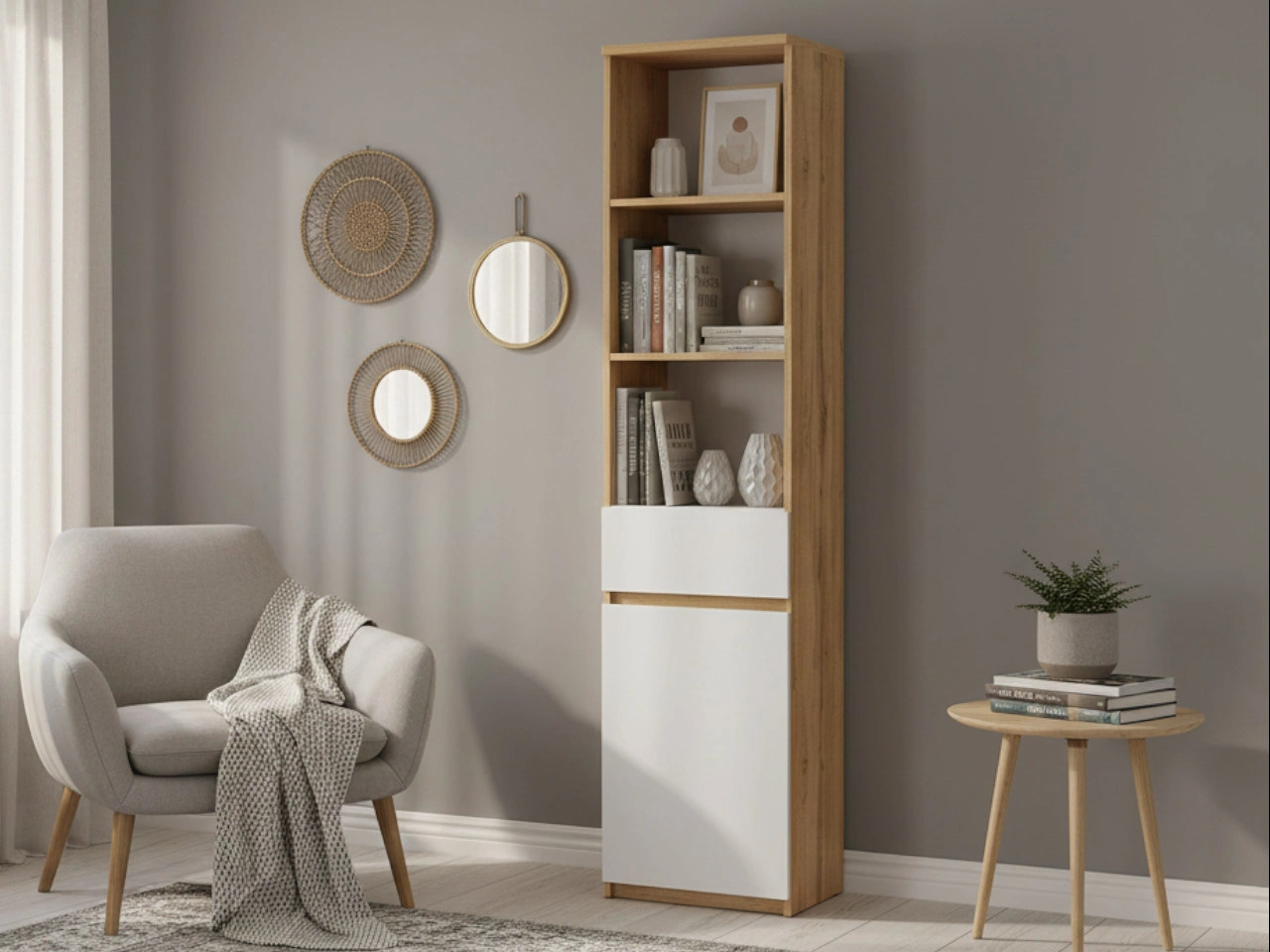 Regal mit Tür und Schublade Arcadia Eiche Wotan, Weiß