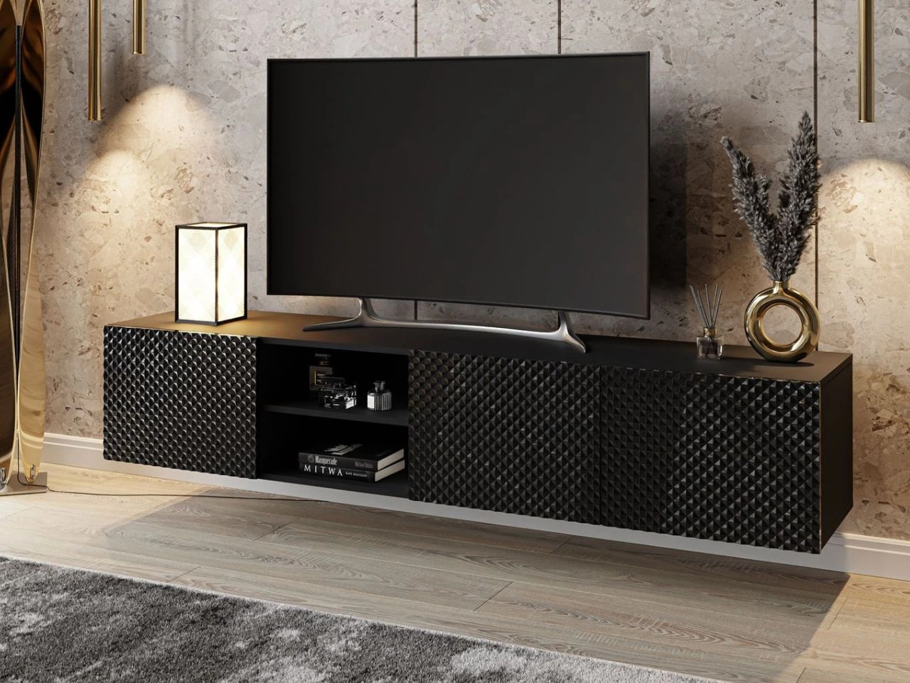 Hängender TV-Schrank mit 3D-gefrästen Fronten Celiane Schwarz Glanz