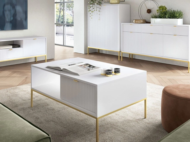 Couchtisch mit Stauraum Amber Weiß, Gold Frame