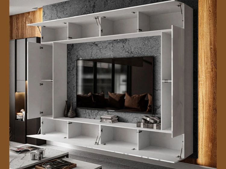 Hängende Wohnwand für das Wohnzimmer mit LED-Beleuchtung Nodoo Weiß Hochglanz