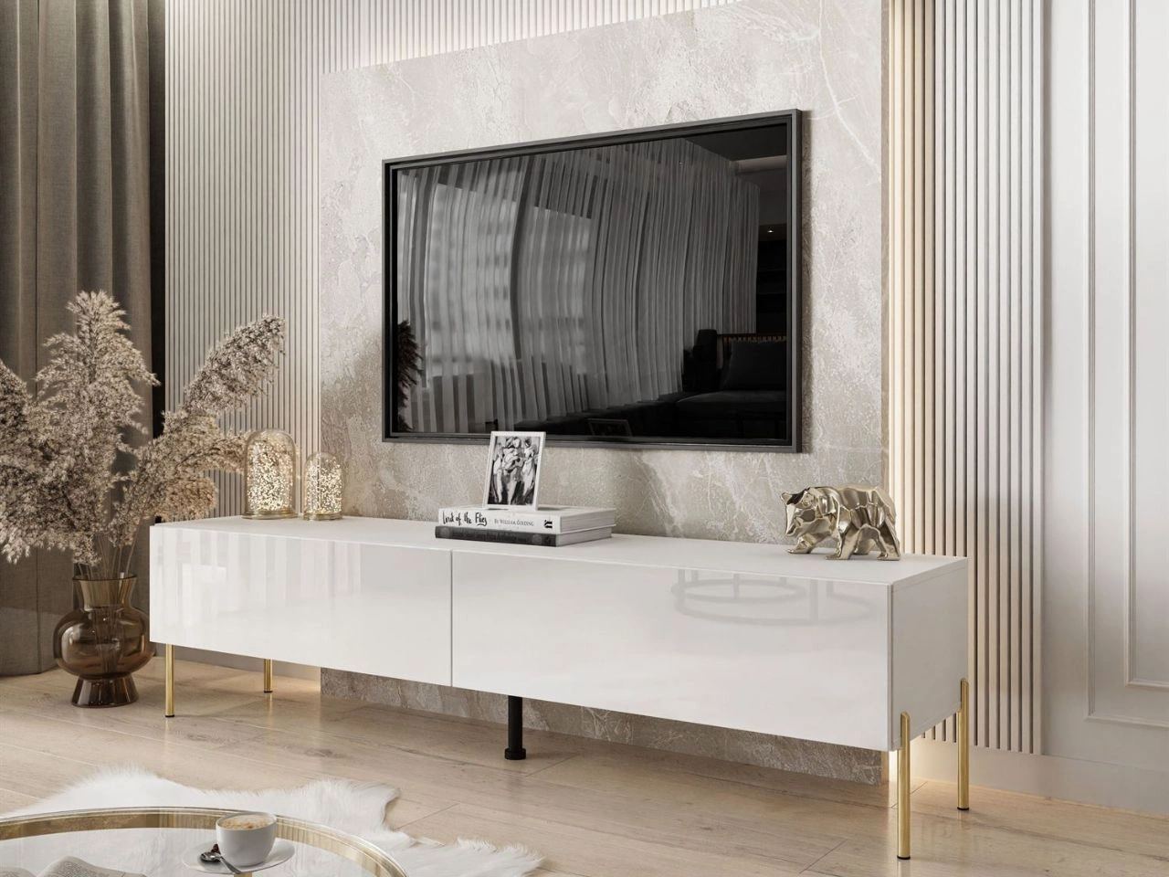 TV-Lowboard mit Türen auf Goldenen Metallbeinen 175 cm mit LED-Beleuchtung Sorelle Weiß Hochglanz