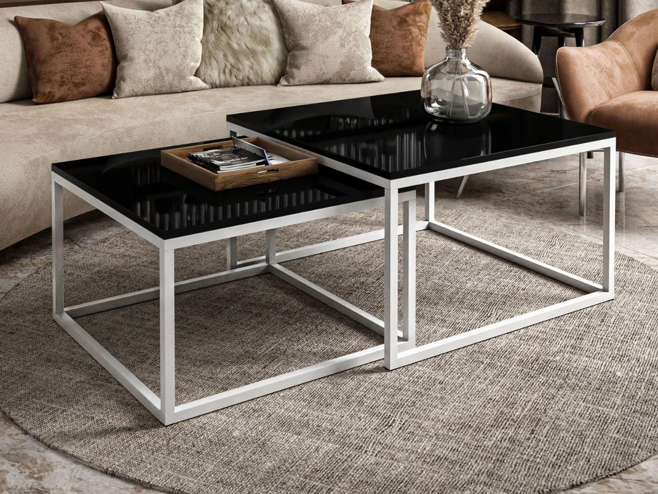 Couchtisch auf weißem Gestell Asumi Schwarz Hochglanz 40x46