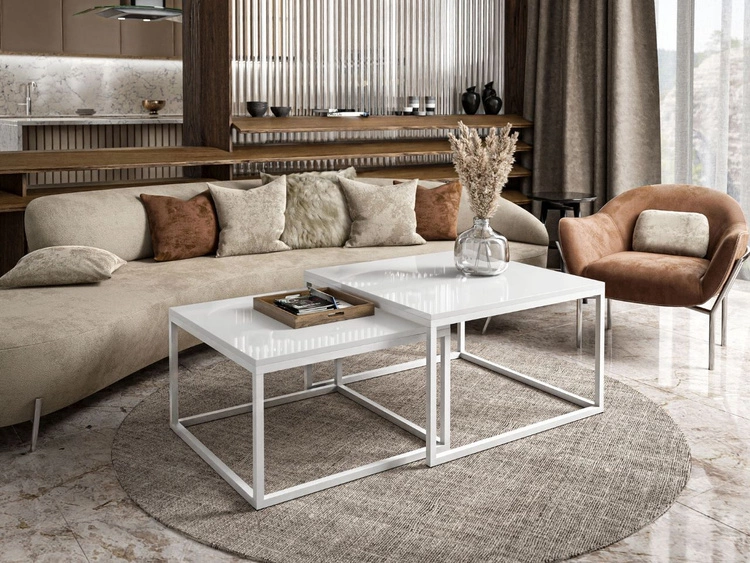 Couchtisch auf weißem Gestell Asumi Weiß Hochglanz 36x42