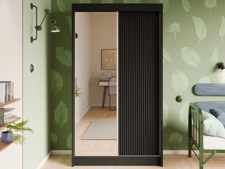 Schiebetürenschrank mit geriffelter Front und Spiegel 120 cm Fano Schwarz