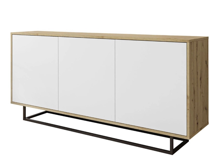 Dreitürige Kommode 154 cm im Loft-Stil auf schwarzem Gestell – Vivance, Weiß matt & Eiche Artisan