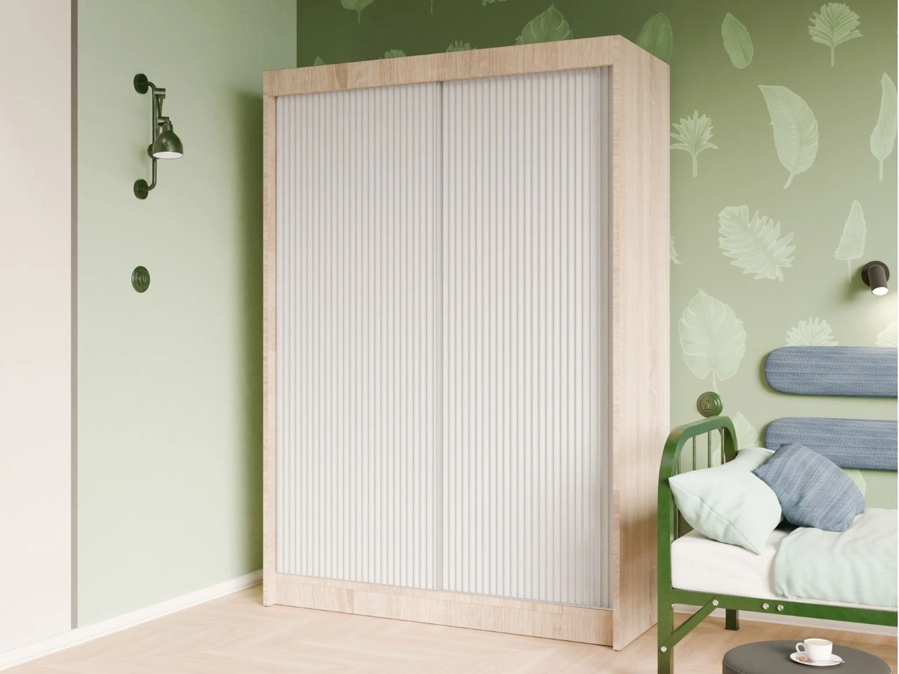 Schiebetürenschrank mit geriffelter Front 150 cm Fano Eiche Sonoma, Weiß