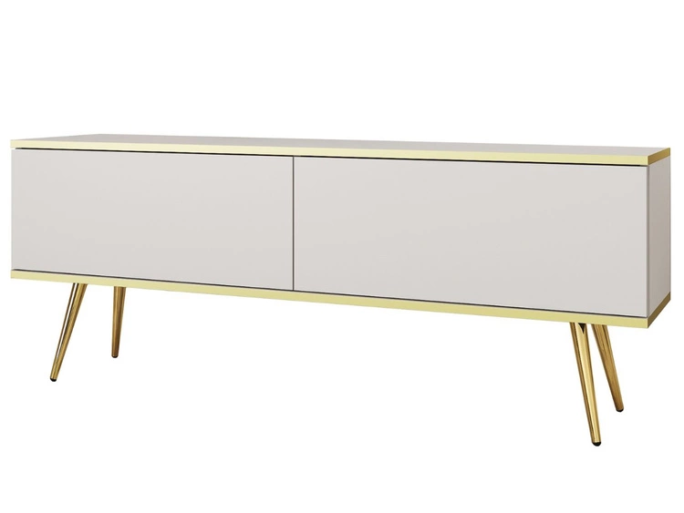 TV-Lowboard mit Türen 135 cm Diolo Weiß mit glatter Front auf goldenen Beinen