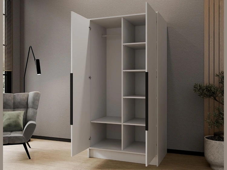 Kleiderschrank 100 cm Perugia Weiß mit schwarzen Griffen