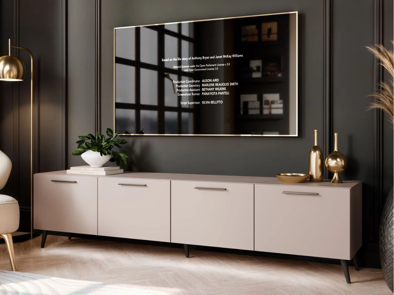 TV-Lowboard mit Türen und LED-Beleuchtung auf Schwarzen Metallbeinen 200 cm Noaé Kaschmir