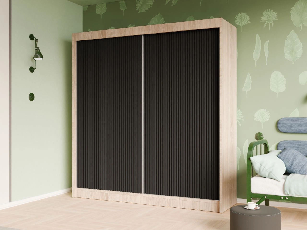 Schiebetürenschrank mit geriffelter Front 200 cm Fano Eiche Sonoma, Schwarz